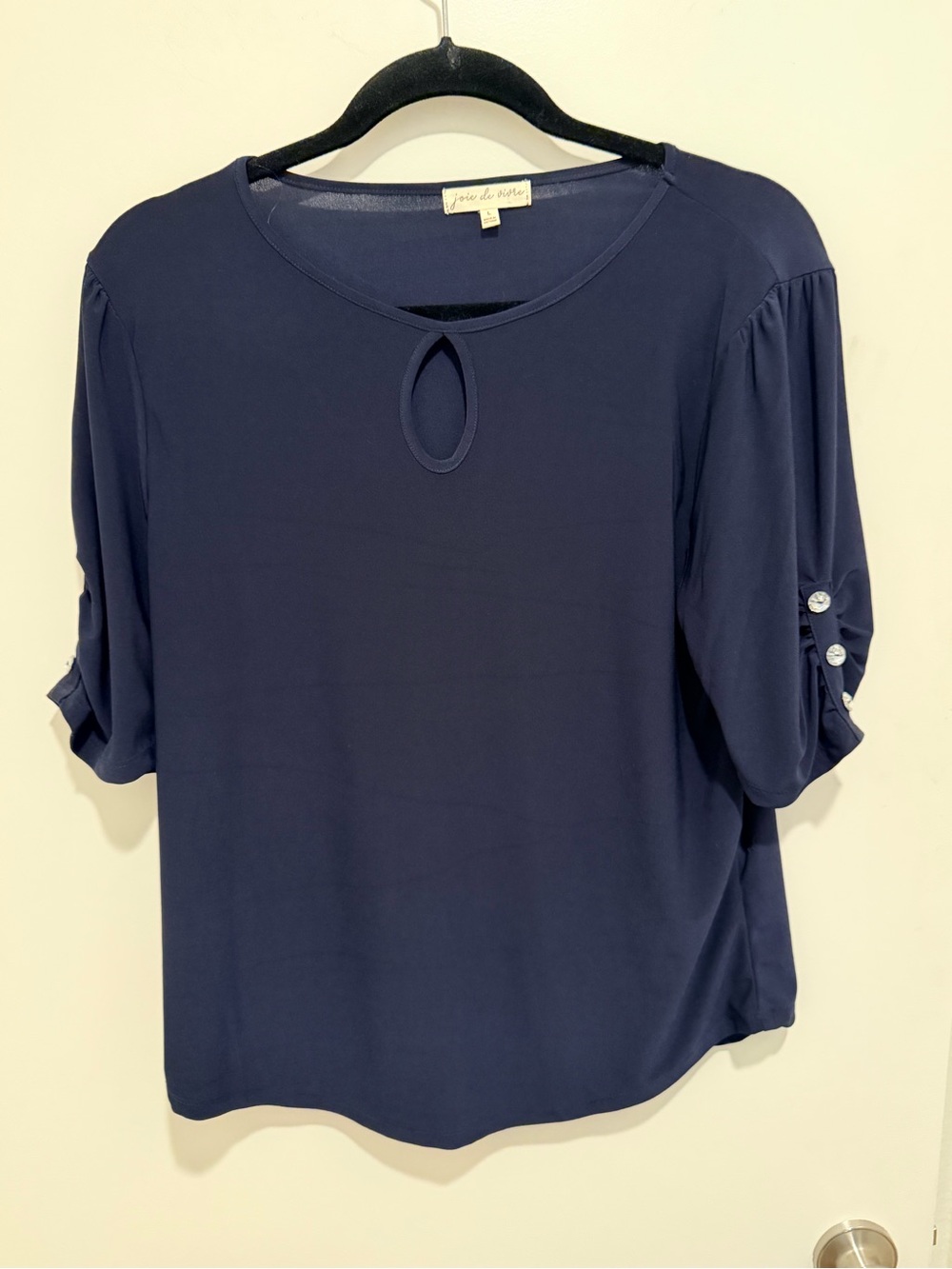 Petite Navy Keyhole Roll-Tab Sleeve Blouse - Women's Top
